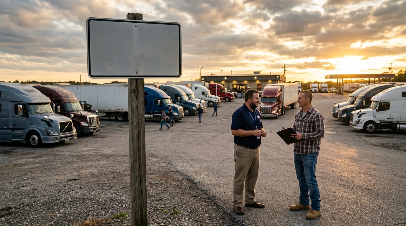 Reclutador de empresa de transporte entrevistando conductor en patio con flota de camiones Clase A al atardecer