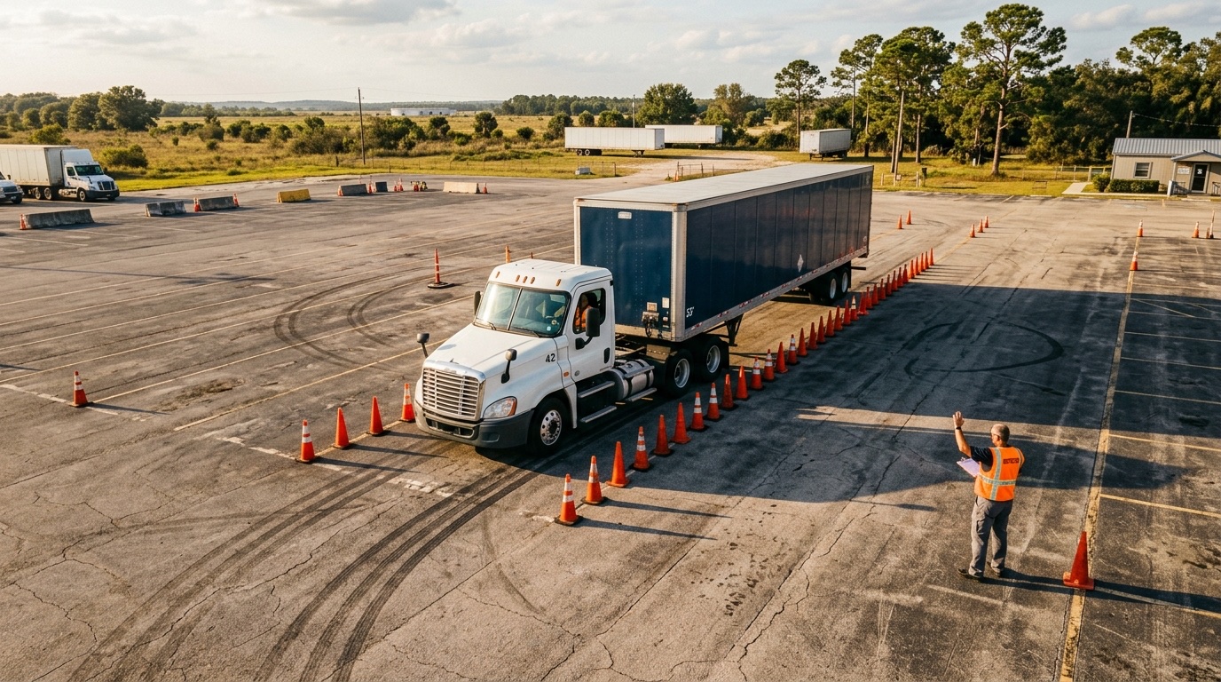 Estudiante CDL practicando maniobra de patio con conos entre camión Clase A e instructor