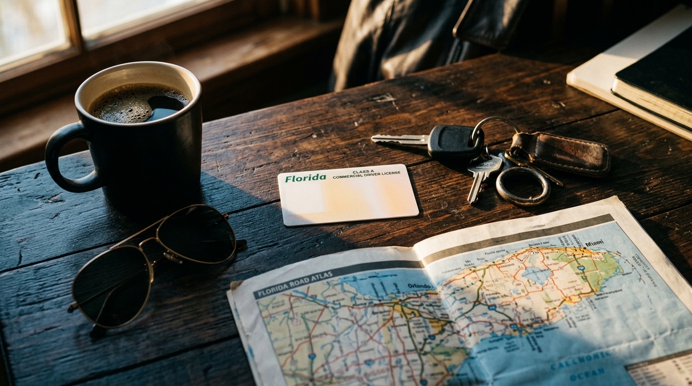 Licencia CDL Clase A de Florida sobre escritorio con mapa y llaves