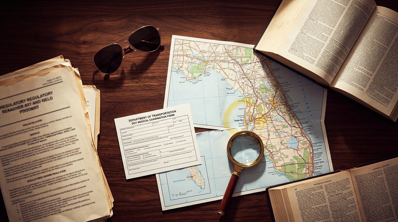 Mapa de Florida con formulario médico DOT y documentos regulatorios CDL