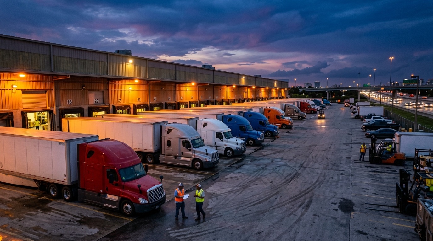Terminal de carga al atardecer con camiones Clase A en muelles