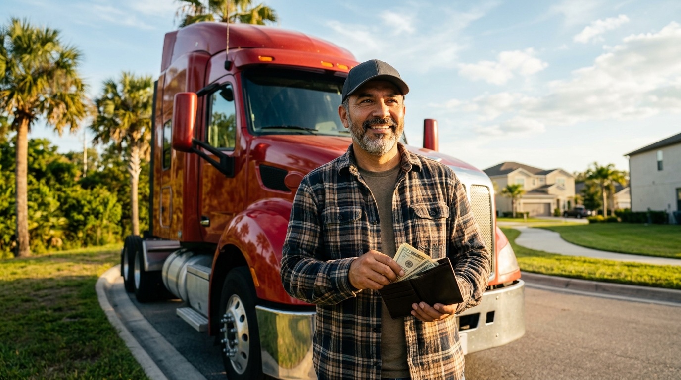 Camionero hispano exitoso con camión Clase A rojo en Tampa